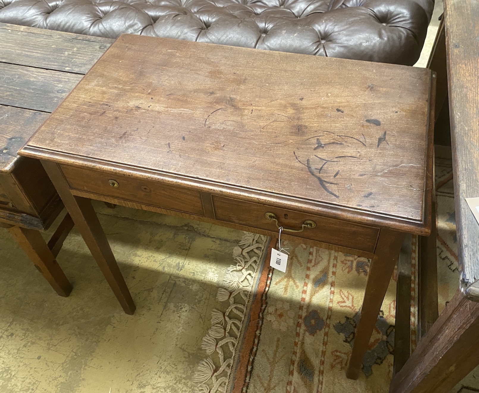 A George III mahogany two drawer side table, width 78cm, depth 44cm, height 73cm